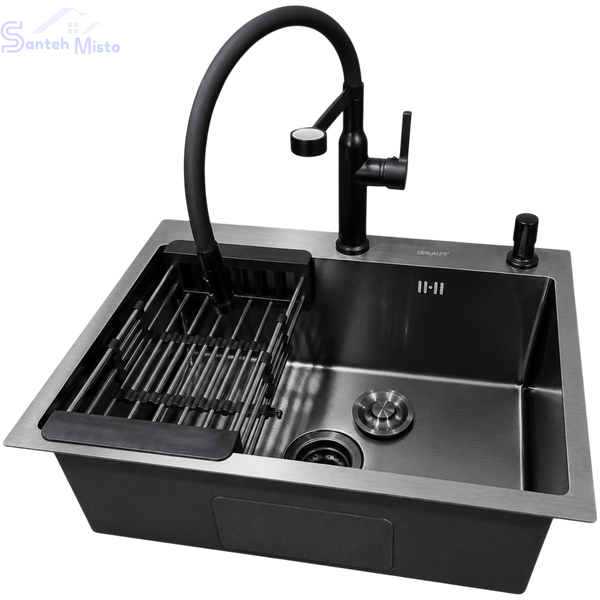 Комплект кухонной мойки Kraft NANO BLACK PVD HS 540*480мм Декор (3.0/1.0 мм)+Смеситель для кухни Kroner KRP Ersel &ndash; SCH03112BLK SM2950 фото