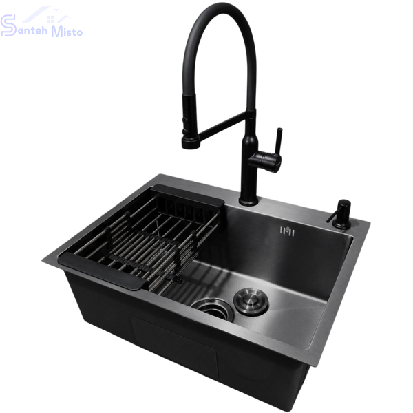 Комплект кухонной мойки Kraft NANO BLACK PVD HS 540*480мм Декор (3.0/1.0 мм)+Смеситель для кухни Kroner KRP Ersel &ndash; SCH03112BLK SM2950 фото