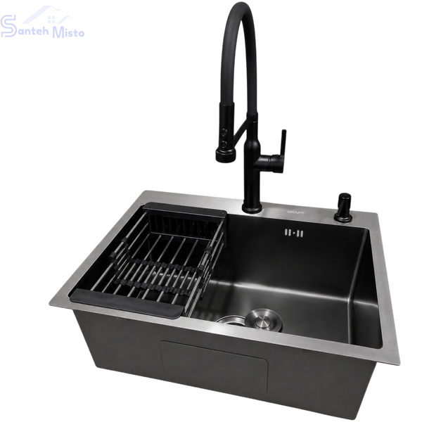 Комплект кухонной мойки Kraft NANO BLACK PVD HS 540*480мм Декор (3.0/1.0 мм)+Смеситель для кухни Kroner KRP Ersel &ndash; SCH03112BLK SM2950 фото