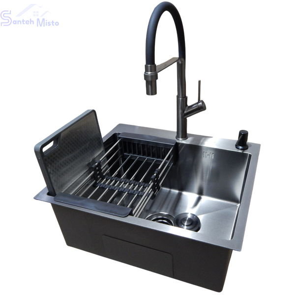 Комплект кухонной мойки KRAFT Handmade PVD чорна HS54*48 (3.0/1.0 мм) декор SM6040 фото