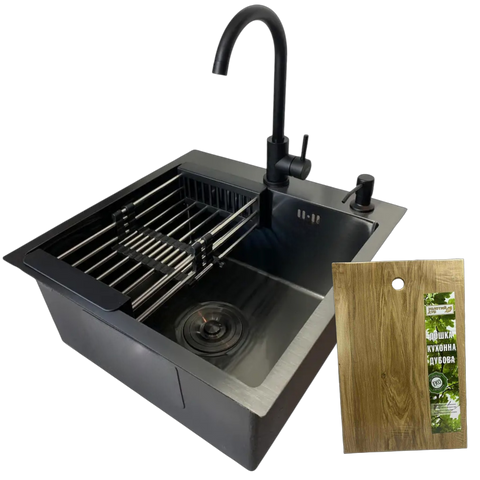 Комплект кухонної мийки Kraft HM 50х50 NANO BLACK PVD (3.0/1.0 мм) SМ042 фото