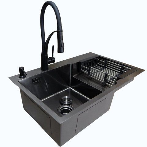 Комплект кухонної мийки Kraft HM&nbsp;NANO BLACK - 7848ALB&nbsp;PVD&nbsp;(3.0/1.0 мм) SM50147 фото