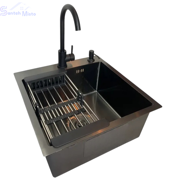 Комплект кухонной мойки Kraft HM 50х50 NANO BLACK PVD (3.0/1.0 мм) SМ042 фото